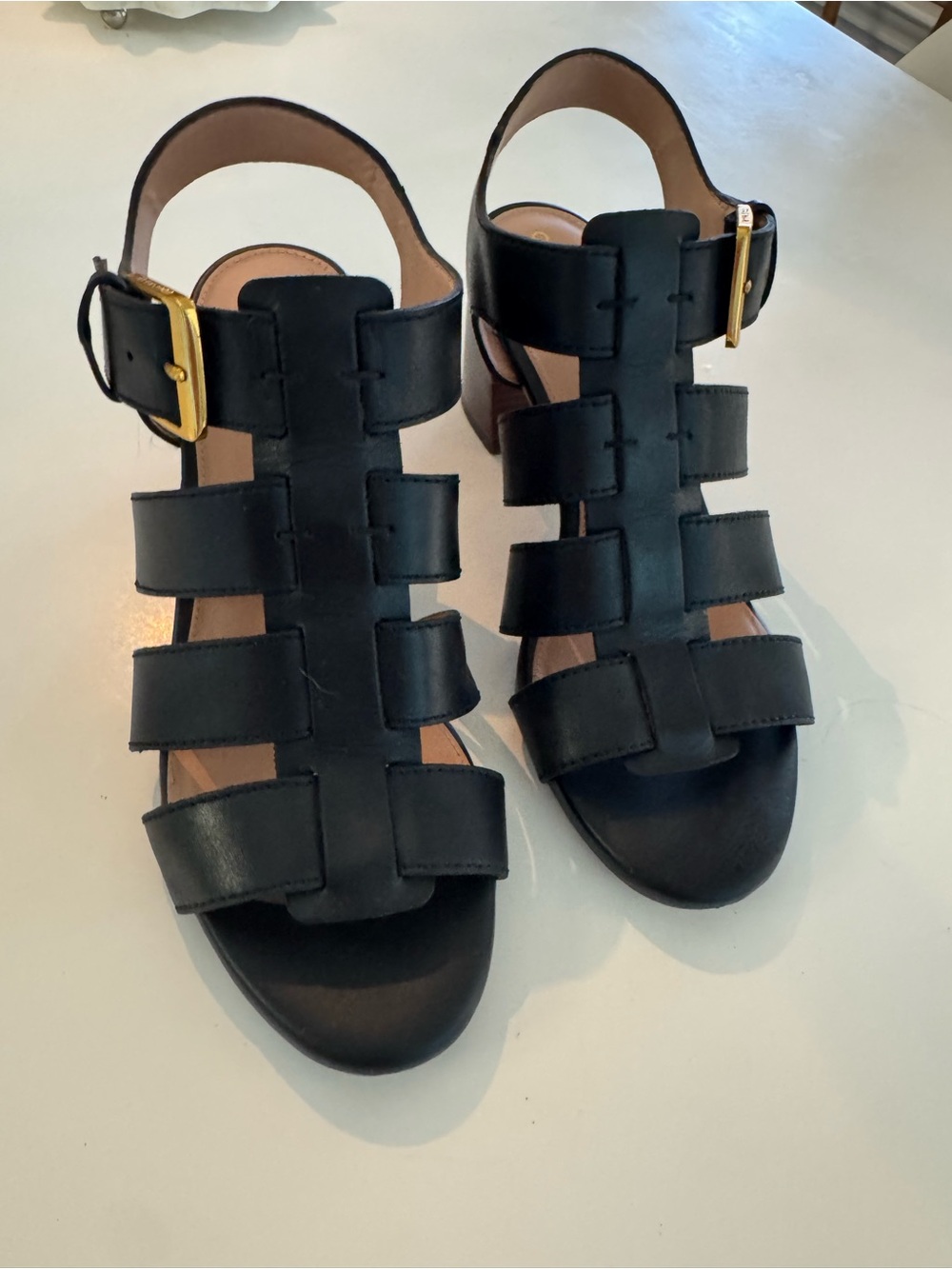 Cole Haan Black Leather Strappy Block Heel Sandals with Gold Buckles